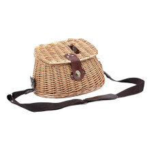 Vintage Wicker Fishing Creel Basket with Lid, Handmade Willow Trout Storage with Adjustable Straps 14.17 Inch