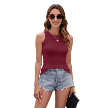Women'S Round Neck Ribbed Slim Fit Vest Wine Red XL