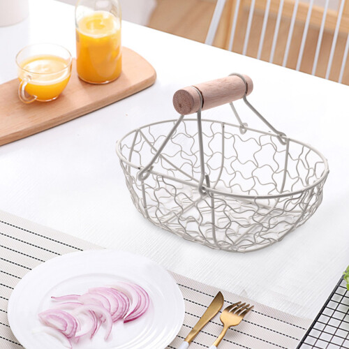 Wooden Handle Metal Retro Basket Portable Multi-Function Vegetable Fruit Egg Groceries Practical Storage Basket Organizer White 2