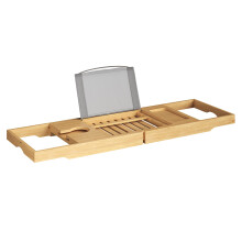 Bamboo Bathtub Tray with Book Tablet Phone Stand, Cup Holder and Extendable Sides for Bath Accessories