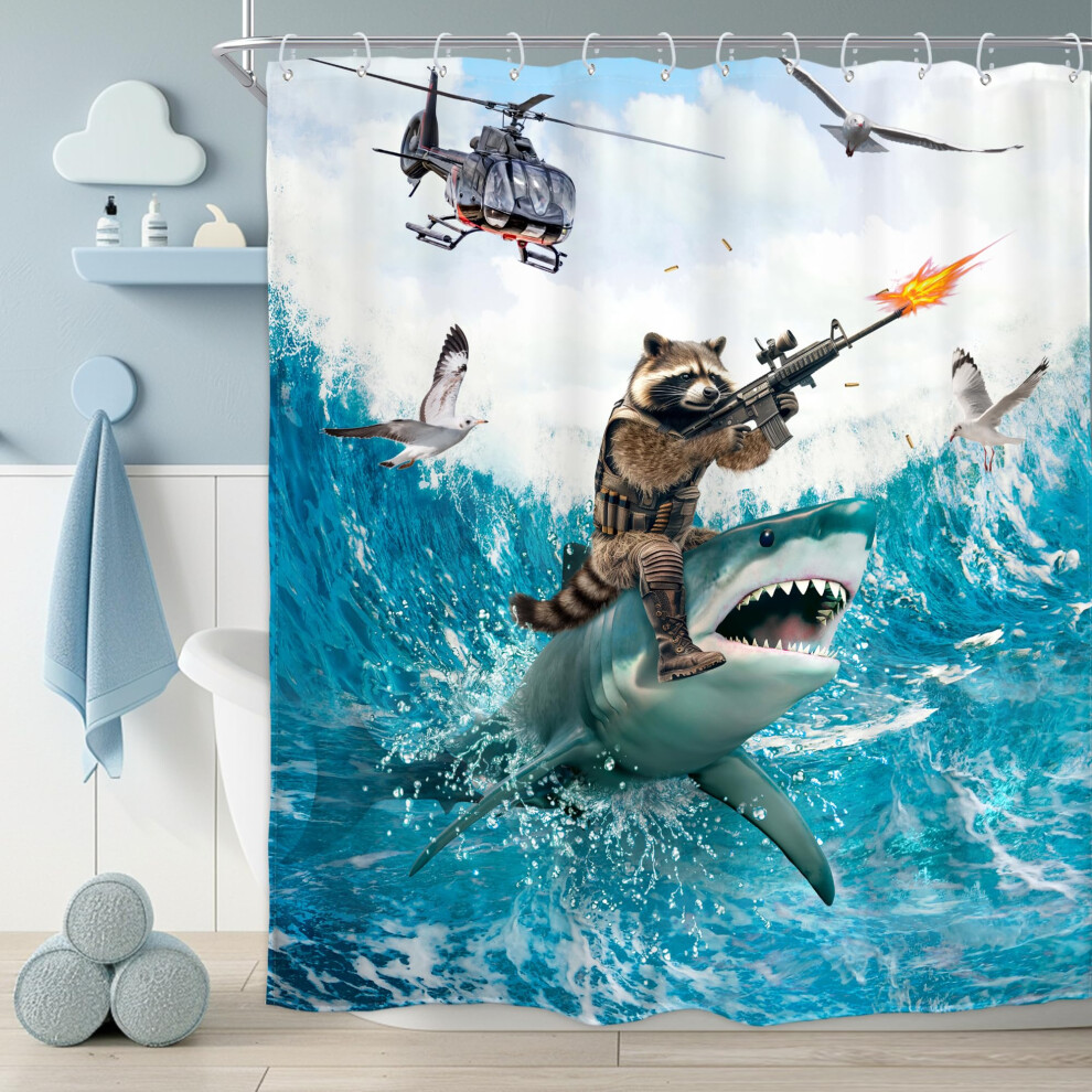 Funny Raccoon Riding Shark Shower Curtain Waterproof Ocean Animal Beach Waves for Kids 60x72