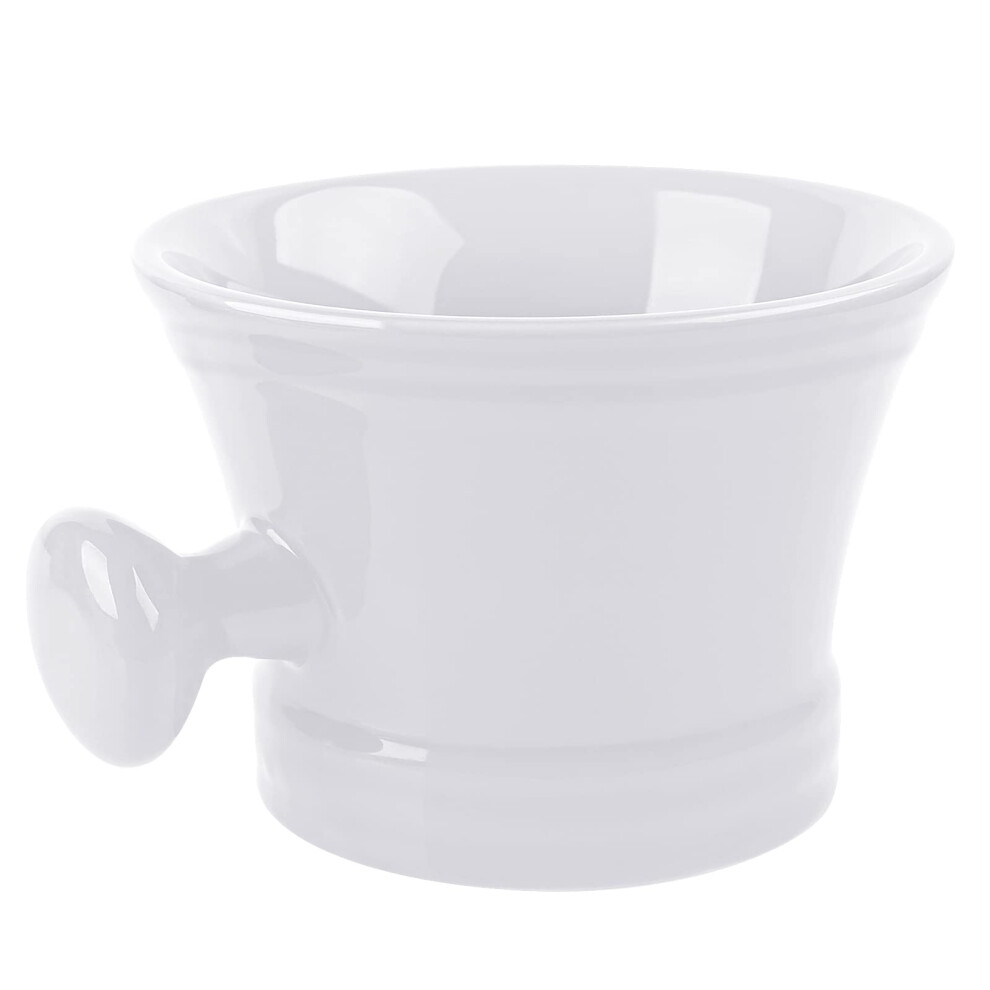 Cream Ceramic Shaving Mug With Knob Handle, Deep Lather Bowl For Men's Wet Shave, Fits Brush Soap