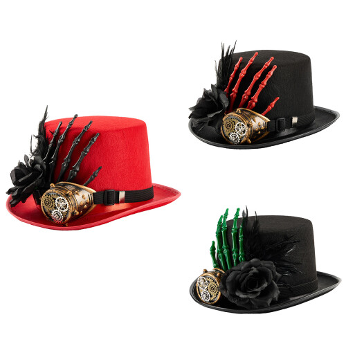 Gothic Tall Hat With Skeleton Hand Flower Decoration Gothic-Red 1