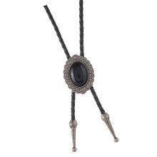Adjustable Leather Bolo Tie With Black Stone Charm For-Silver