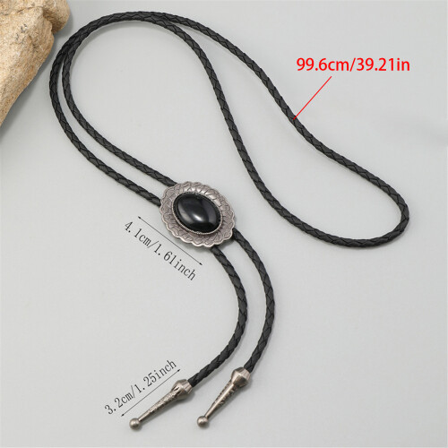Adjustable Leather Bolo Tie With Black Stone Charm For-Silver 1