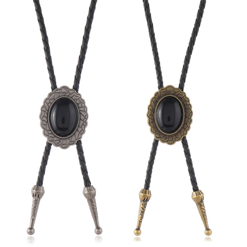 Adjustable Leather Bolo Tie With Black Stone Charm For-Silver 2