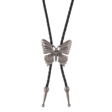 Butterfly Pendant Leather Cord Bolo Tie Necktie Vintage-Silver