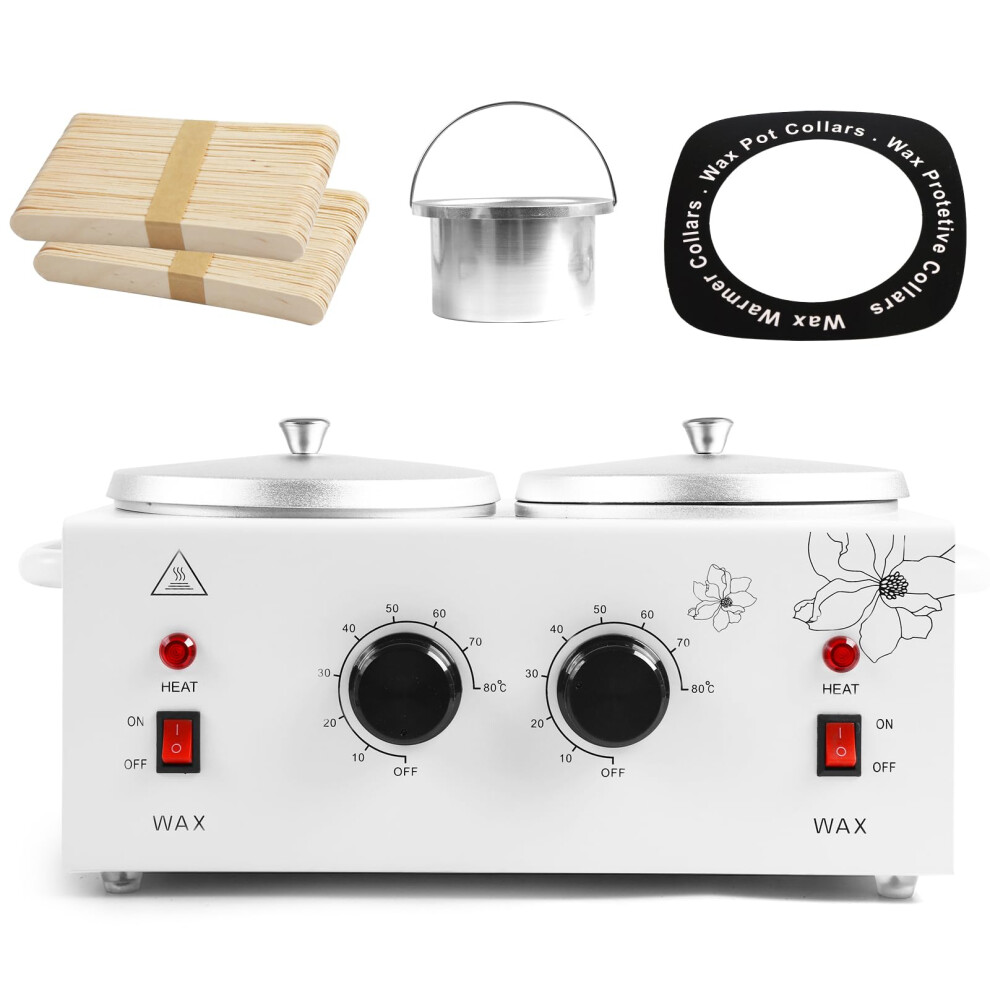 Wax Warmer Double Pot 1.2L Electric Hair Removal Heater with Adjustable Temperature for Facial Spa, Includes 40 Sticks & 20 Collars