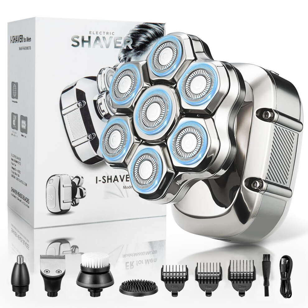 Bald Head Shaver 7D Rotary Floating Heads Waterproof Electric Razor with LED Display USBC 5in1 Kit