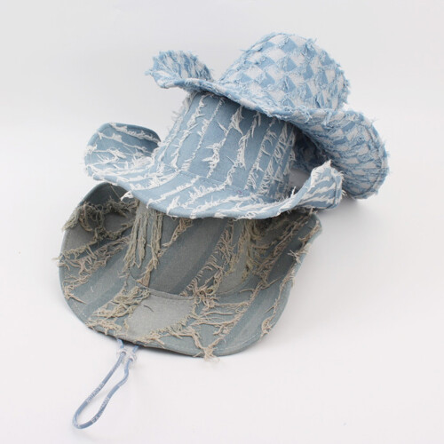 Drawstring Wide Brims Hat Distressed Sun Hat for-Denim grey 2