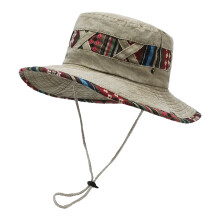 Chapeau de pêcheur pliable d'été, motif de broderie-Kaki