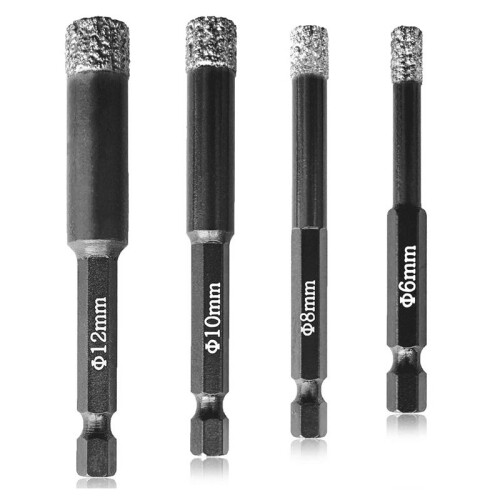 Dry Diamond Drill Bits - 4Pcs (6mm), (8mm), (10mm), (12mm) Hex Shank T 1