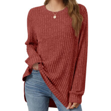 Women Crew Neck Casual Tunic Tops Brick Red S