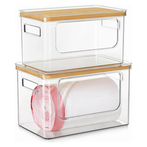 Trash Bag Dispenser,Acrylic Garbage Bag Holder with Bamboo Top,Stackable Organizer for Kitchen and Laundry Room 2 Pack 1