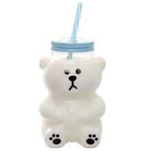 Kawaii Bear Glass Sippy Cup 18.6oz with Lid and Straw(Straw Color Random)Cute Bear Design for Beverages Serious Bear