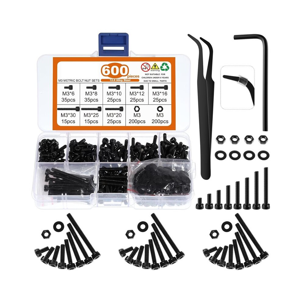 600Pcs M3 Screws,12.9 Alloy Steel Nuts And Bolts Assortment Kit,Black Zinc Plated Hex Socket Head Screws Nuts Bolts 6132555160640