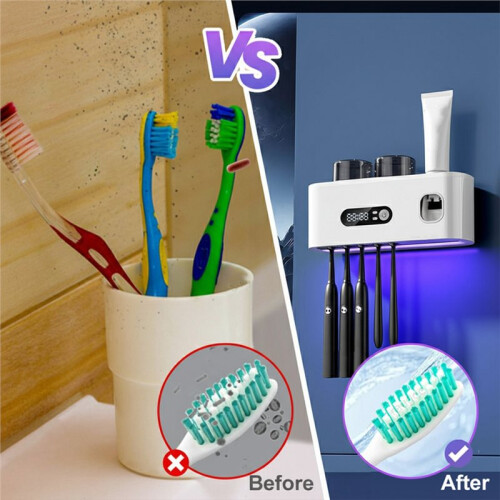 UV Toothbrush Sterilizer Automatic Toothpaste Dispenser Wall Mounted Toothbrush Storage Box Rack Clock Display 1