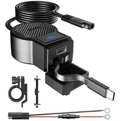 PD QC4.0 Motorcycle USB Super Fast Phone Charger Waterproof with Retractable Type-C Cable Cellphone Voltmeter