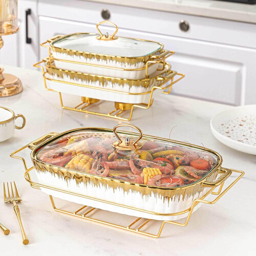 Ceramic Buffet Chafing Dish  White Food Warming Tray with Glass Lid Ref: 9760 1