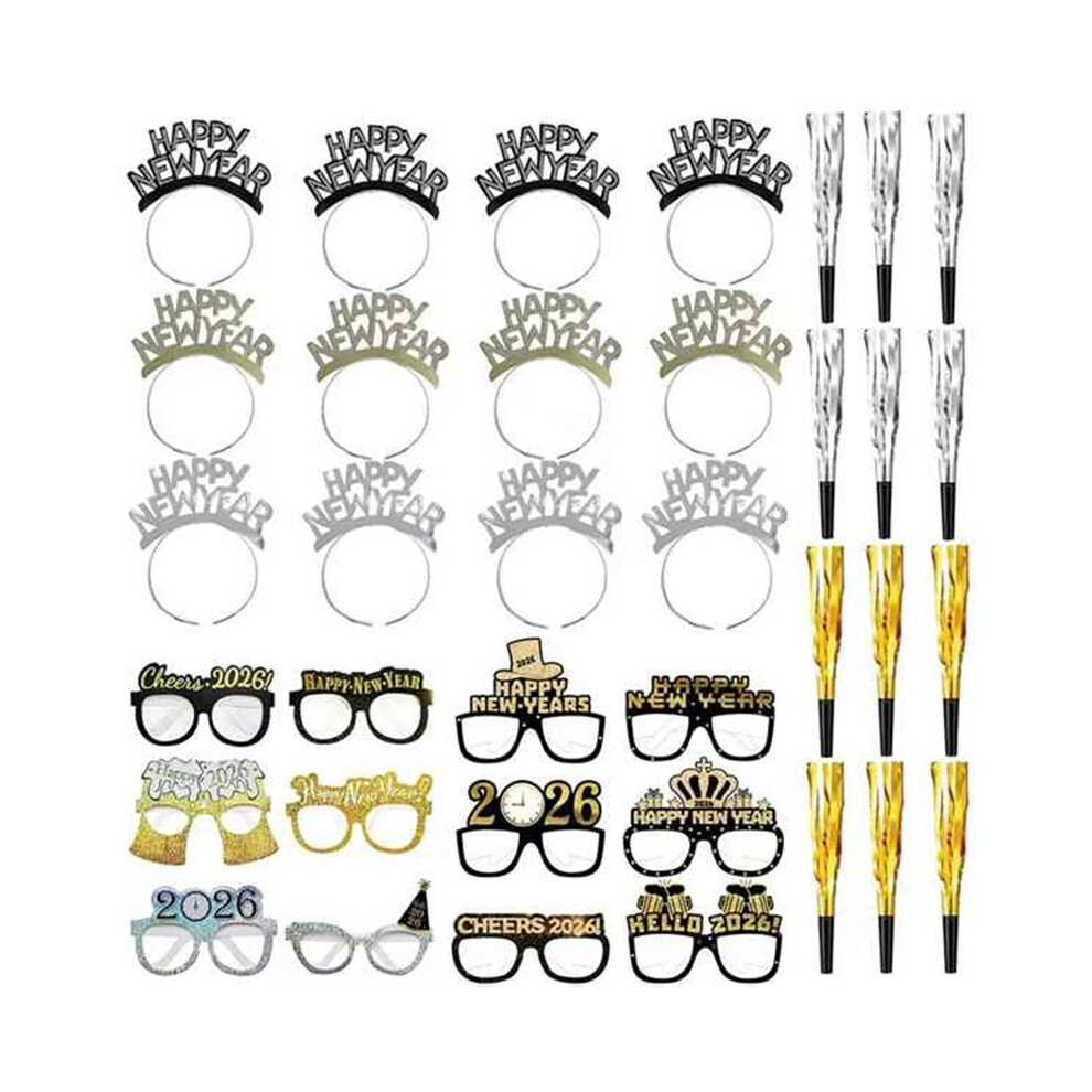 New Years Party Supplies 36 PCS, Happy New Year Decorations Kit - NYE Photo Booth Props Accessories Gifts Wearables
