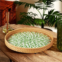 Vassoio da Portata Rotondo In Rattan - Vassoio In Vimini Intrecciato Fatto A Mano con Intarsi In Madreperla e Base Decorativa In Vimini