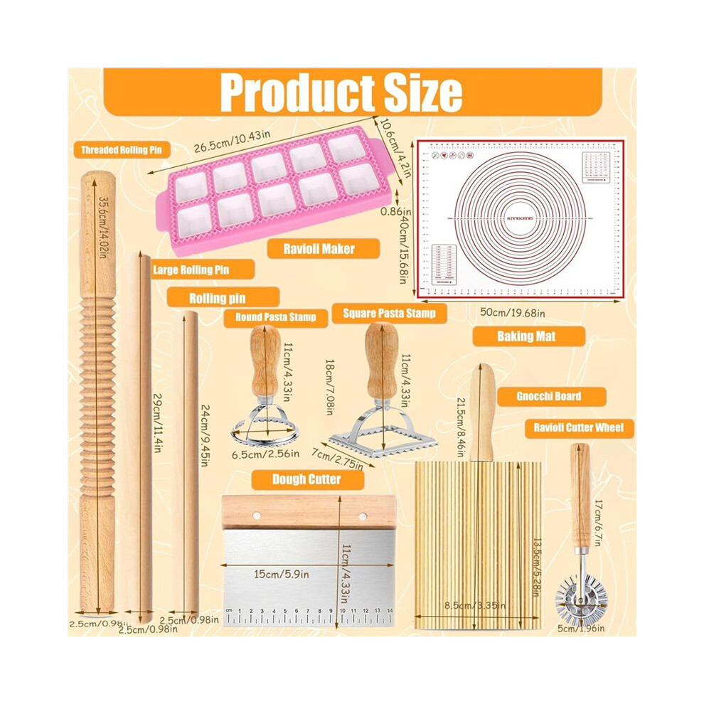 Pasta Making Tools Kit, Ravioli Maker Set with Rolling Pins, Gnocchi Board, Stamps, Cutter & Baking Mat