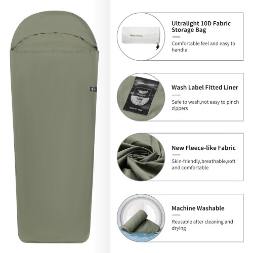 Ultralight Sleeping Bag Liner 128g Small Pack for Backpacking, Camping Green 1