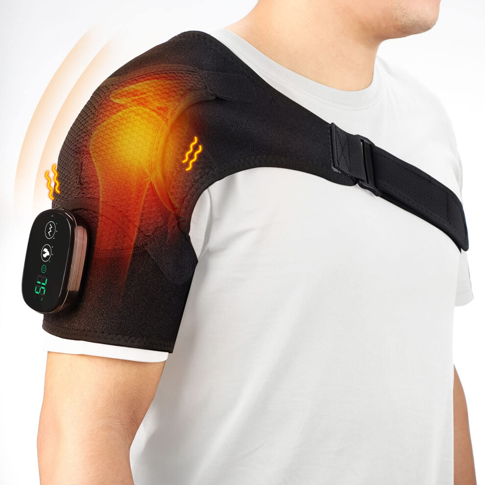Heating Shoulder Brace with Vibration Massager, Wireless Electric Heated Support