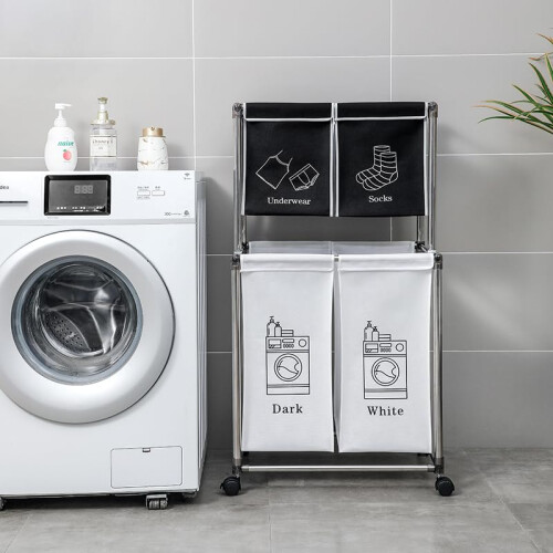 4 Section Laundry Sorter with Wheels, Large Capacity 2Tier Hamper, Removable Waterproof Bags