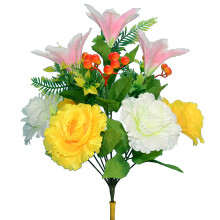 Aranjament floral artificial din mătase, primăvară-vară, bujor realist, crin, fructe de pădure, tufiș mixt, decor funerar, exterior, interior,