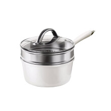 Ceramic Non Stick Milk Pan with Lid and Steamer for Cooking Sauces 18cm White
