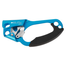 Lefthanded Ascender Device, Chromeplated steel discs for rope climbing descenders, Ergonomic comfortable hand grip for climbing, aerial tasks.