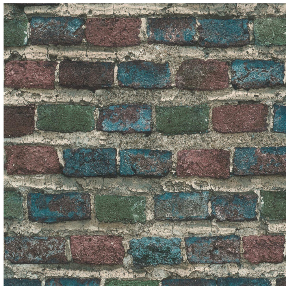 Rasch Textured Teal Brick Wall Wallpaper Vinyl Industrial Paste The Wall 4000441428070
