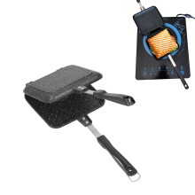 Doublesided sandwich toaster, nonstick coating, portable with heatresistant handles for home and outdoor use.