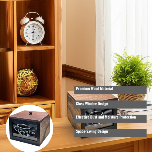 Wooden Coffee Filter Holder with Glass Window Storage Container for Kitchen Organization 1