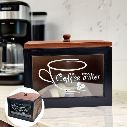 Wooden Coffee Filter Holder with Glass Window Storage Container for Kitchen Organization 2