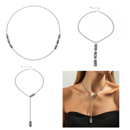Comfortable Long Alloy Chain Necklace Adorned Square Black-3 2