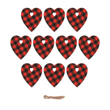 Heart Shaped Plaid Wood Slices With Twine String Christmas Decorative LED Lights Reusable Party Hanging Decor Red And Black Buffalo Check Ornament For