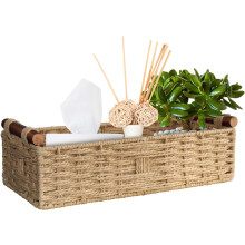 Wicker Storage Basket Khaki Handwoven Organizer with Wooden Handle for Bathroom and Countertop