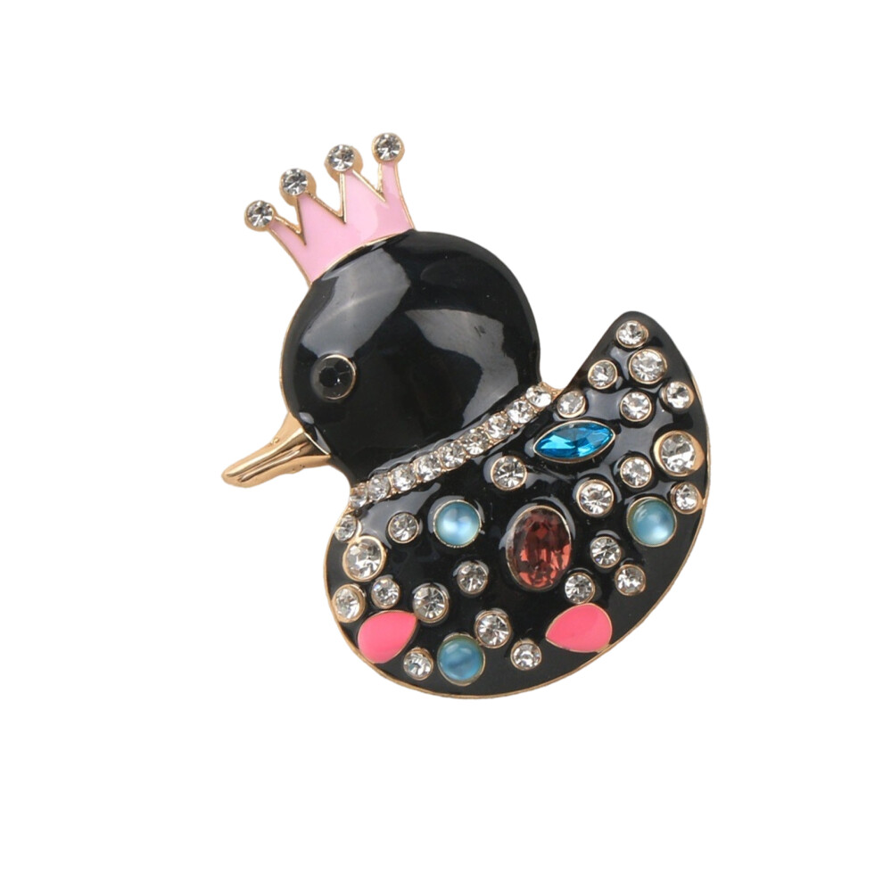 Black Lightweight Crystal Duck Brooch Crowns Accent Secure Pin