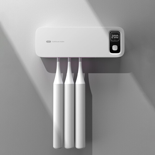 UV Toothbrush Sanitizer with Timer, Self Adhesive Holder, UV Light Sterilization for Bathroom