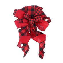 Pre-Tied Festive Ribbon Plaid Christmas Bow In Red Black Checkered Pattern, Christmas Tree Topper With Wire For Indoor Outdoor Decor