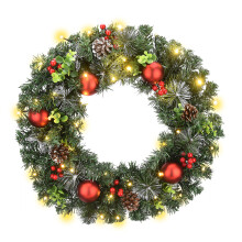 Versátil para uso en interiores y exteriores. Decoración festiva navideña. Luces LED a pilas. Conos de pino decorativos y bayas. Corona navideña