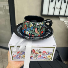Vintage Coffee Cup Set with Saucer, Elegant Retro Porcelain with Floral Bird Design