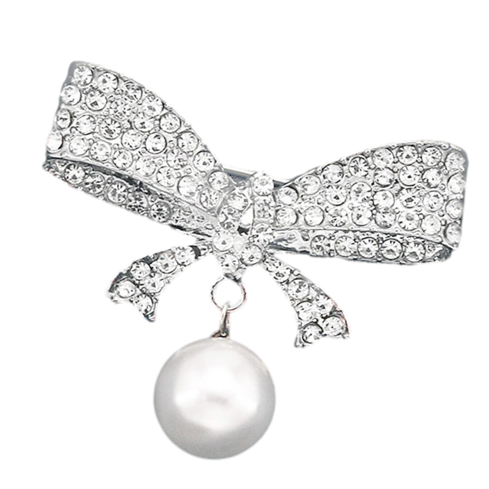 Sturdy Alloy Rhinestones Bowknot Pin Elegant-Silver pearls