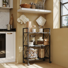 Mesh Shelving Unit, 3-Tier Metal Storage Rack with Wheels, with X Side Frames, 23.6-Inch Width, for Entryway, Kitchen, Industrial Style, Black