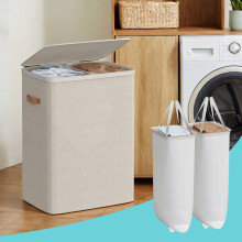 Laundry Basket, 44.9 Gal. Laundry Hamper, 2 Sections, Easy Assembly, with Lid and Handles, Removable Inner Bags, 22 x 15.7 x 29.5 Inches, Beige