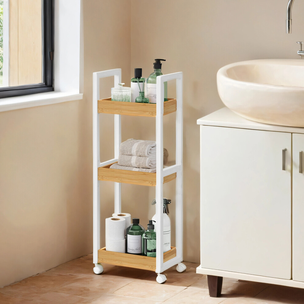 Songmics Bathroom Trolley, Slim Bathroom Shelf, 3-Tier Storage Trolley On Wheels, Bamboo, Space-Saving, 20 X 30 X 80 Cm