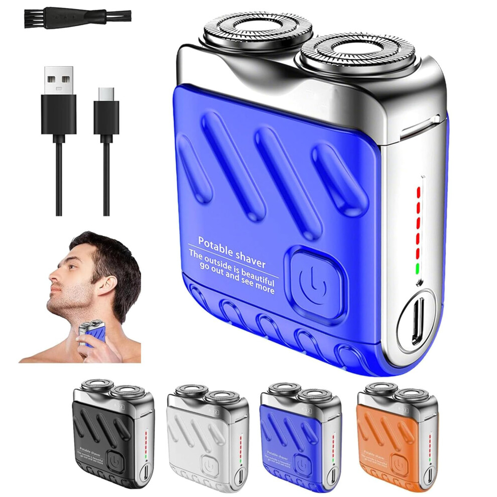 Blue Electric Shaver Rotary Dual Ring Rechargeable Razor For Men, Portable Steel Design,