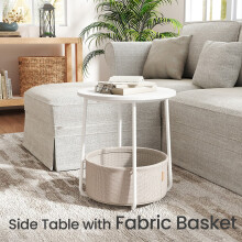 Side Table, Round End Table with Fabric Basket, for Living Room Bedroom, Bedside Table, Modern Style, White